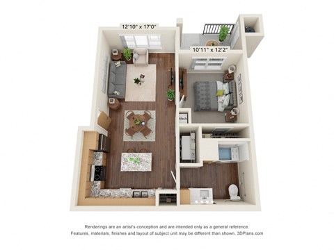 Floor plan for 1 bed, 1 bath, 659 sqft